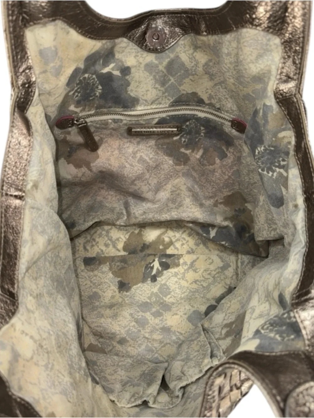 Elliott Lucca Silver Platinum Woven Leather Hobo Shoulder Bag Expandable Sides